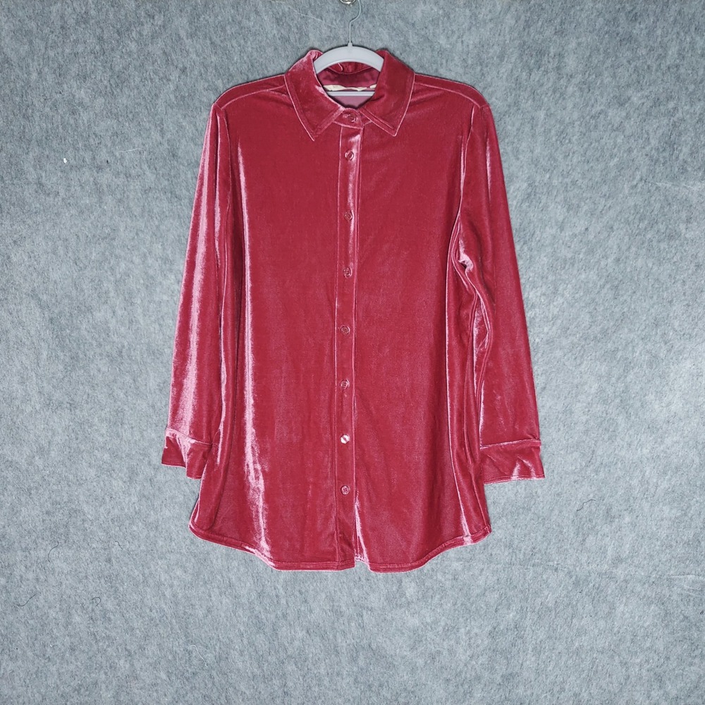 Soft Surroundings Velvet Button Down Shirt PM Pink Romantic Long Sleeve Tunic